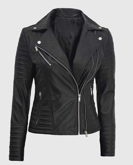 Women's Asymmetrical Quilted Black Biker Leather Jacket - front view