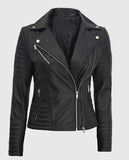 Women's Asymmetrical Quilted Black Biker Leather Jacket - front view