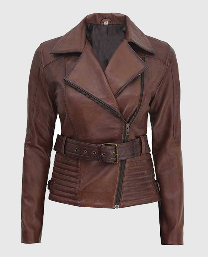 Women's Asymmetrical Quilted Brown Biker Leather Jacket - front view