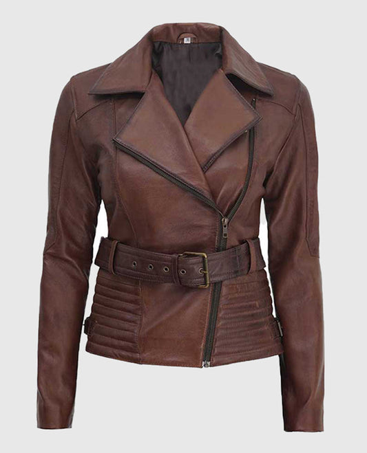 Women's Asymmetrical Quilted Brown Biker Leather Jacket - front view
