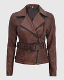 Women's Asymmetrical Quilted Brown Biker Leather Jacket - front view