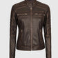Women's Austin Dark Brown Cafe Racer Biker Leather Jacket - front view