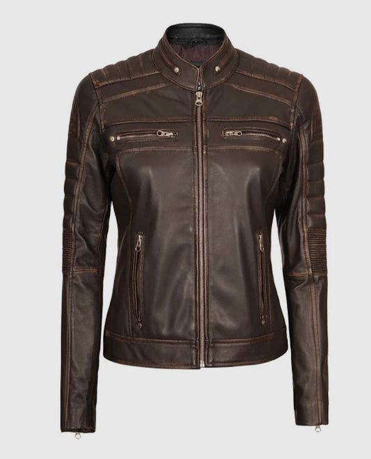 Women's Austin Dark Brown Cafe Racer Biker Leather Jacket - front view