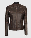 Women's Austin Dark Brown Cafe Racer Biker Leather Jacket - front view