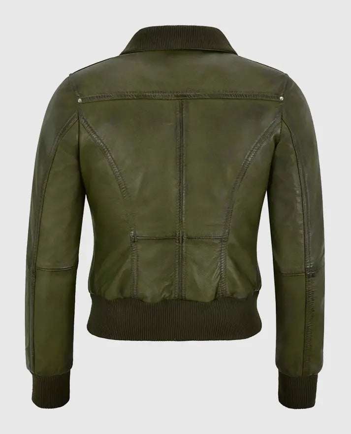 Women's Aviator Olive Green Bomber Leather Jacket – Custom Fit - back view