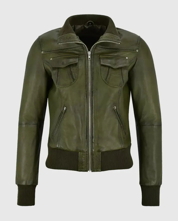 Women's Aviator Olive Green Bomber Leather Jacket – Custom Fit - front view