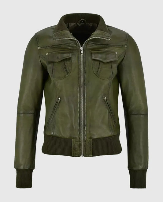 Women's Aviator Olive Green Bomber Leather Jacket – Custom Fit - front view