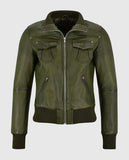 Women's Aviator Olive Green Bomber Leather Jacket – Custom Fit - front view
