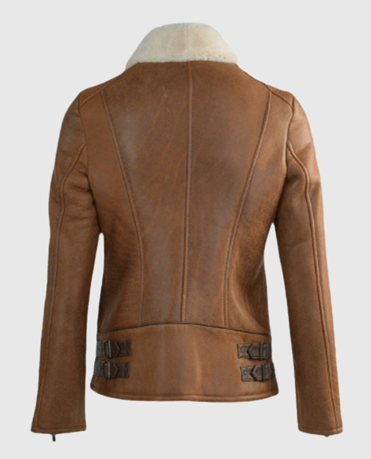 Women's B-3 Aviator Sheepskin Brown Leather Jacket - back view