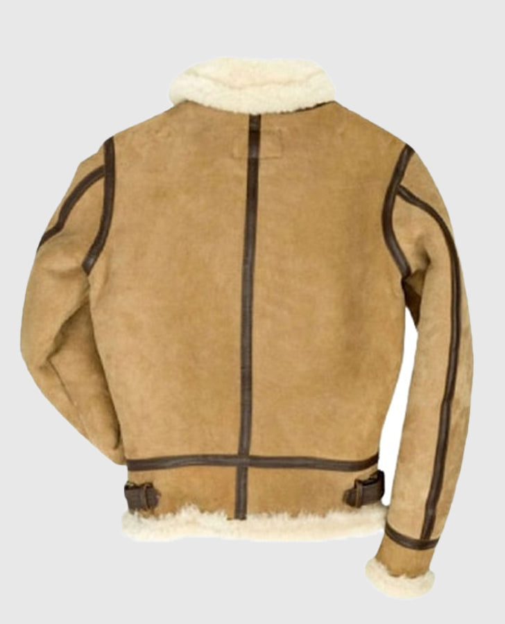 Women's B3 Brown Bomber Suede Leather Shearling Jacket - back view