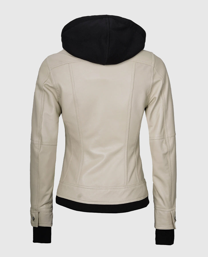 Women's Beige Bomber Leather Jacket with Hood – Custom Fit - back view