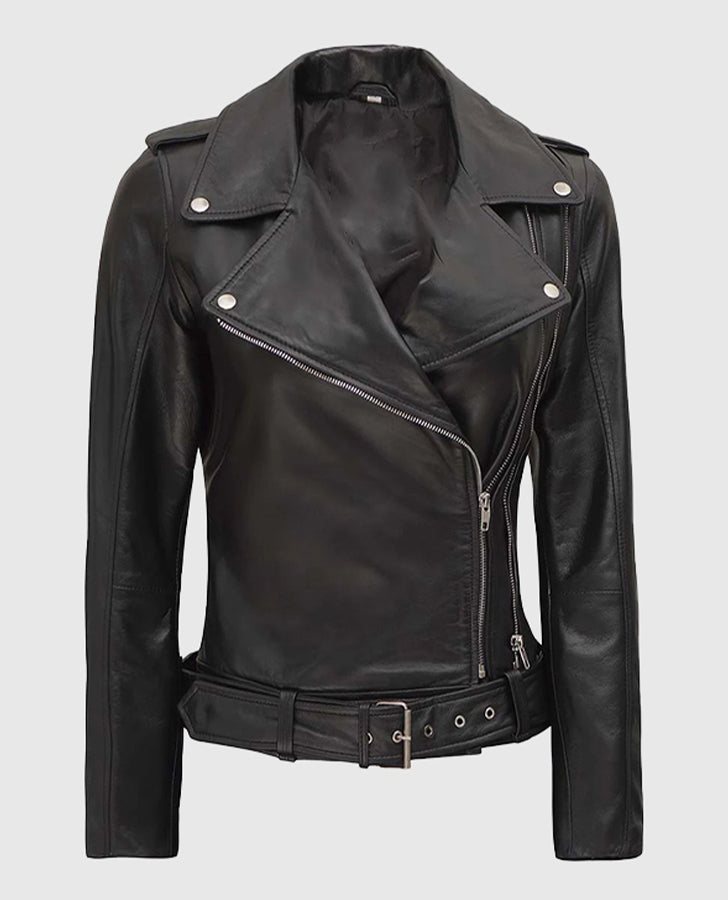 Women's Black Asymmetrical Leather Biker Jacket – Custom Fit - front view
