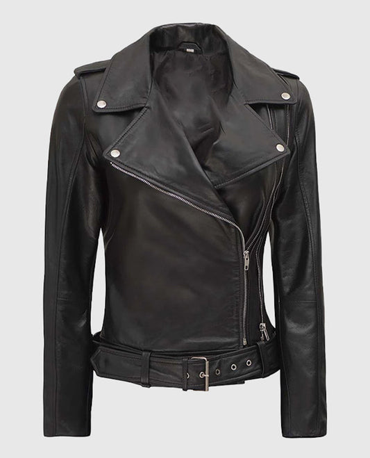 Women's Black Asymmetrical Leather Biker Jacket – Custom Fit - front view