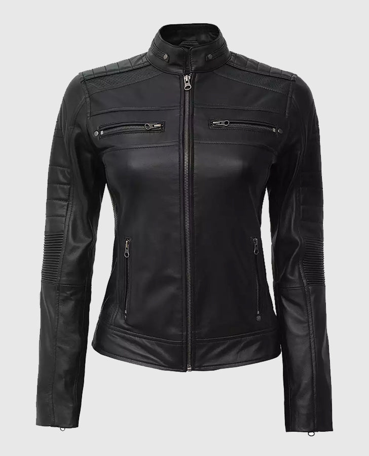 Women's Black Cafe Racer Leather Jacket – Custom Fit - front view