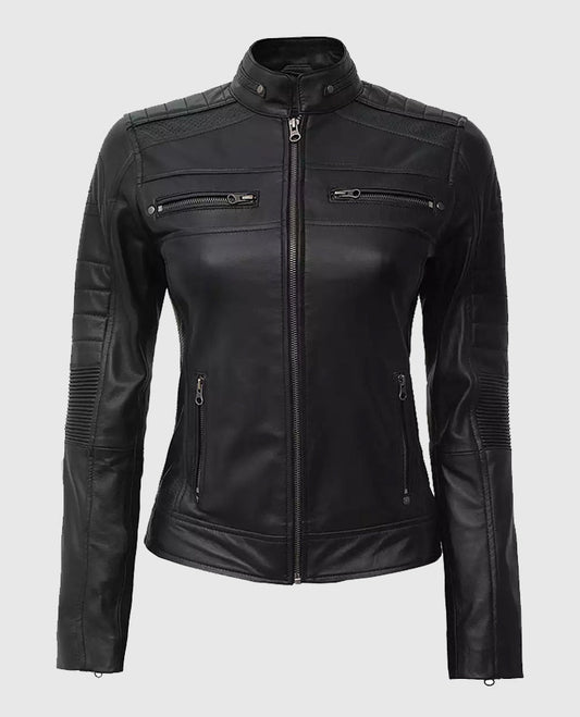 Women's Black Cafe Racer Leather Jacket – Custom Fit - front view