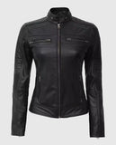 Women's Black Cafe Racer Leather Jacket – Custom Fit - front view