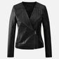 Women's Black Collarless Biker Leather Jacket – Custom Fit - front view