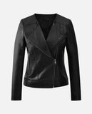 Women's Black Collarless Biker Leather Jacket – Custom Fit - front view