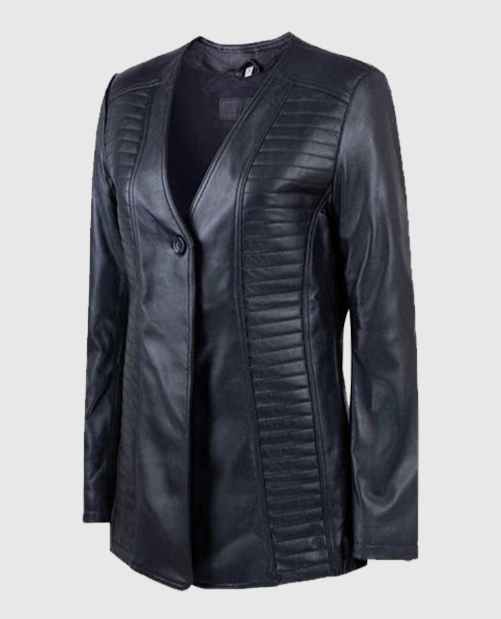 Women's Black Collarless Long Leather Jacket – Premium Outerwear - front view