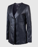 Women's Black Collarless Long Leather Jacket – Premium Outerwear - front view
