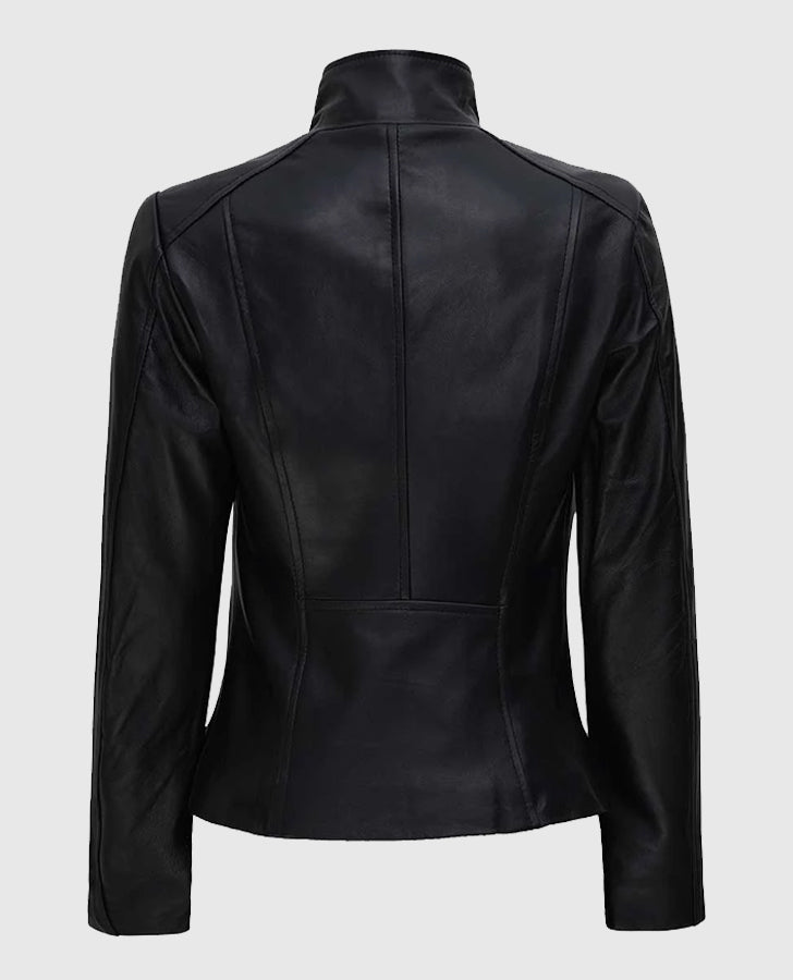 Women's Arezzo Black Flap Closure Leather Jacket – Custom Fit - back view