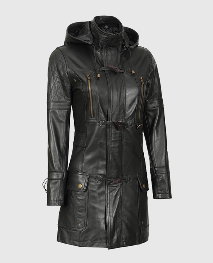 Women's Black Slim Fit Hooded Leather Coat – Premium Outerwear - back view