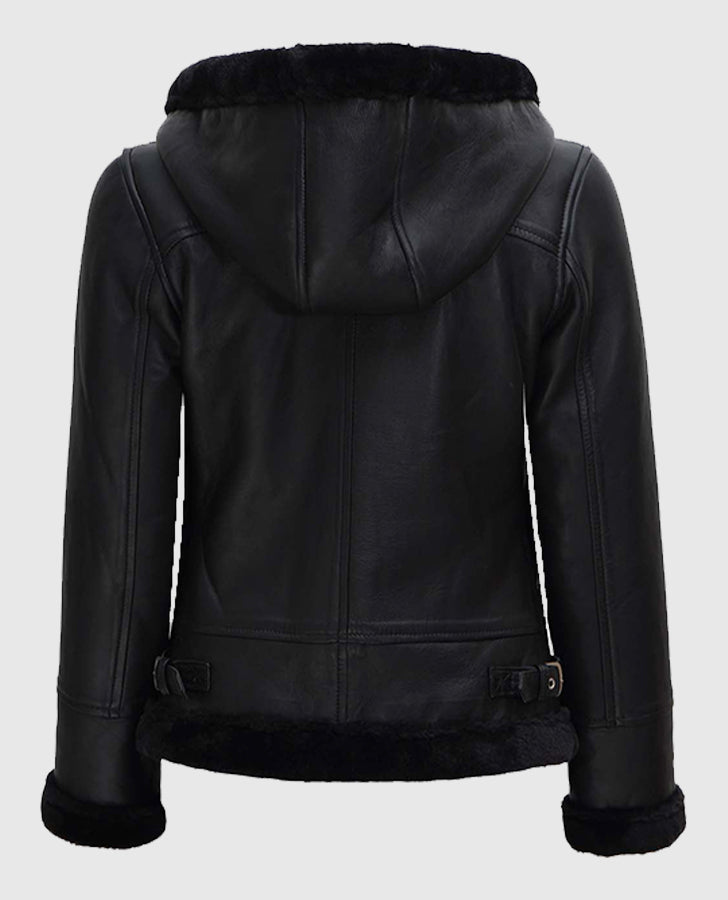 Women's Black Shearling Bomber Leather Jacket with Hood - back view