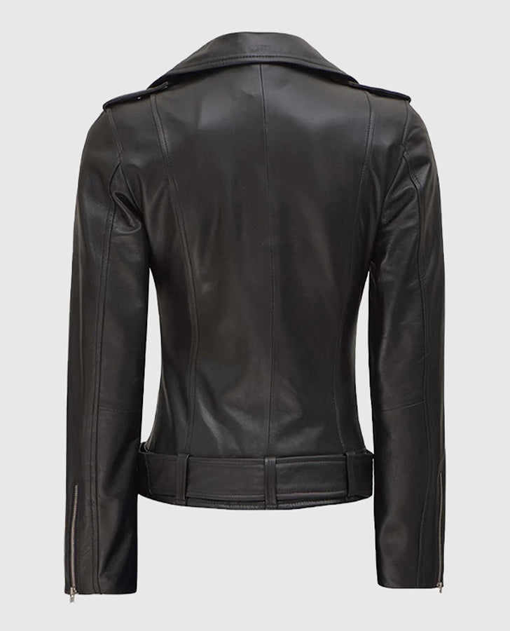 Women's Black Asymmetrical Leather Biker Jacket – Custom Fit - back view