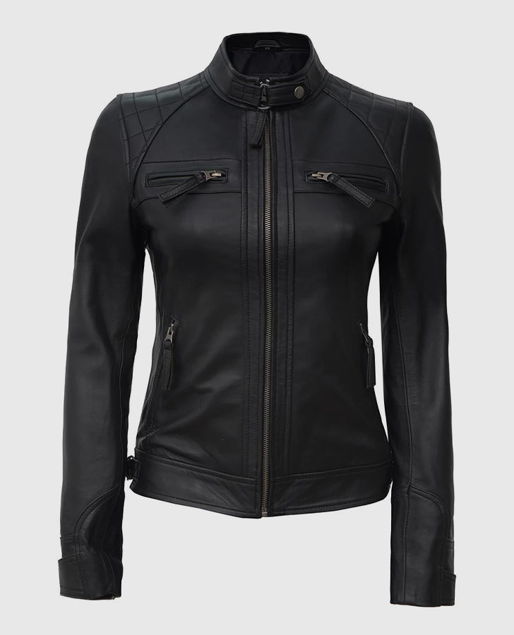 Women's Black Quilted Cafe Racer Leather Jacket – Custom Fit - front view
