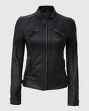 Women's Black Quilted Cafe Racer Leather Jacket – Custom Fit - front view