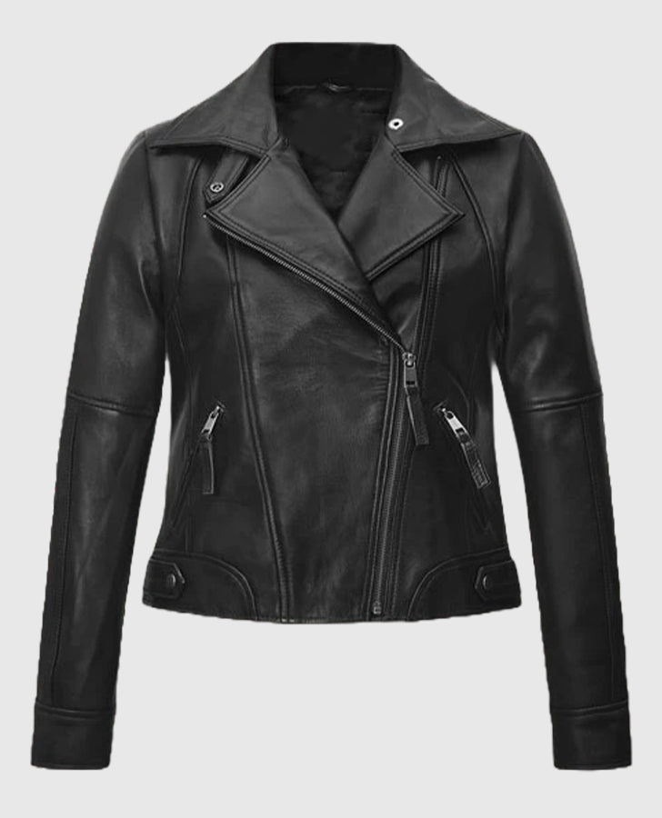 Women's Black & White Biker Leather Jacket | Genuine Leather - back view