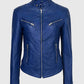 Women's Blue Basic Four Pocket Leather Jacket – Premium Outerwear - front view