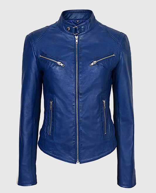Women's Blue Basic Four Pocket Leather Jacket – Premium Outerwear - front view
