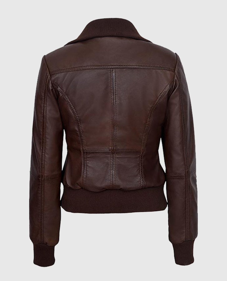 Women's Bomber Brown Leather Jacket – Custom Fit | Genuine Leather - back view