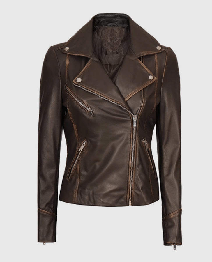 Women's Brown Rub-off Vintage Leather Biker Jacket - front view