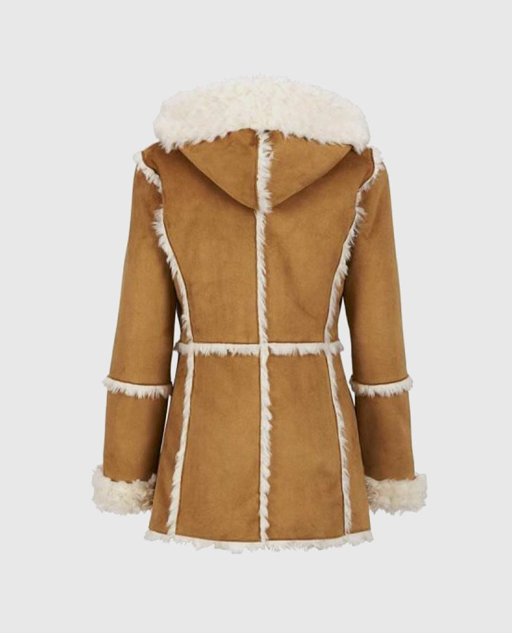 Women's Brown Fur Suede Overcoat with Hood Jacket – Custom Fit - back view