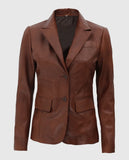 Women's Brown Two Button Leather Blazer Jacket – Premium Outerwear - front view