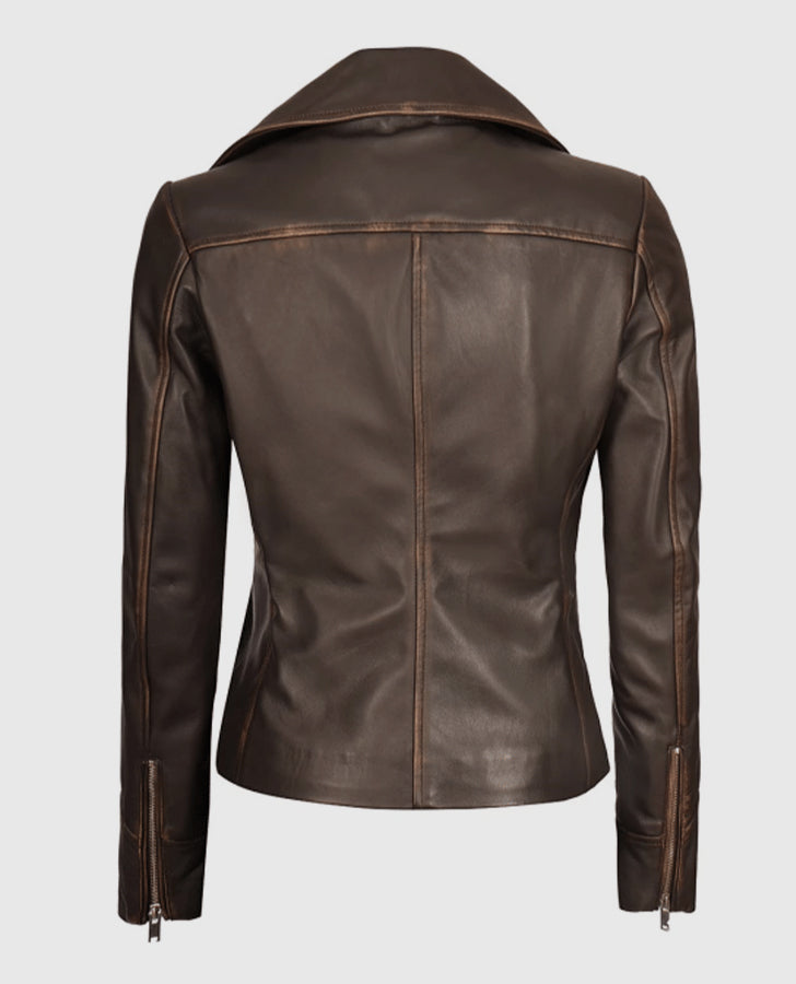 Women's Brown Rub-off Vintage Leather Biker Jacket - back view