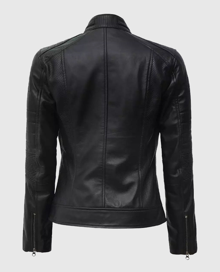 Women's Black Cafe Racer Leather Jacket – Custom Fit - back view
