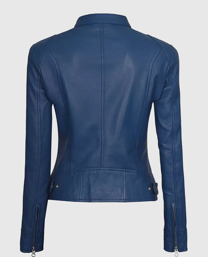 Women's Blue Cafe Racer Leather Jacket – Custom Fit - back view