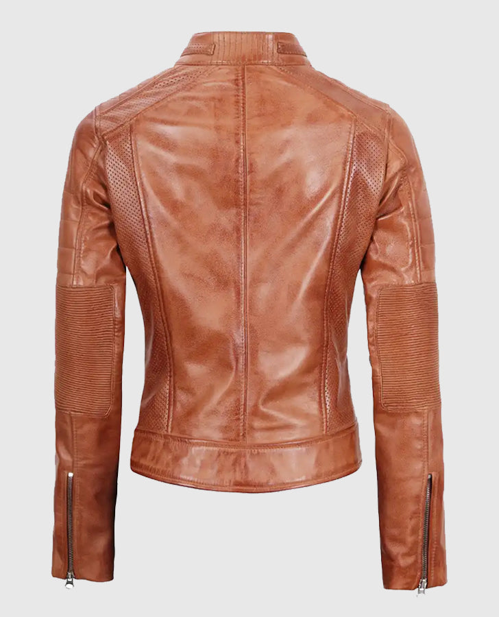 Women's Tan Cafe Racer Leather Jacket – Premium Outerwear - back view