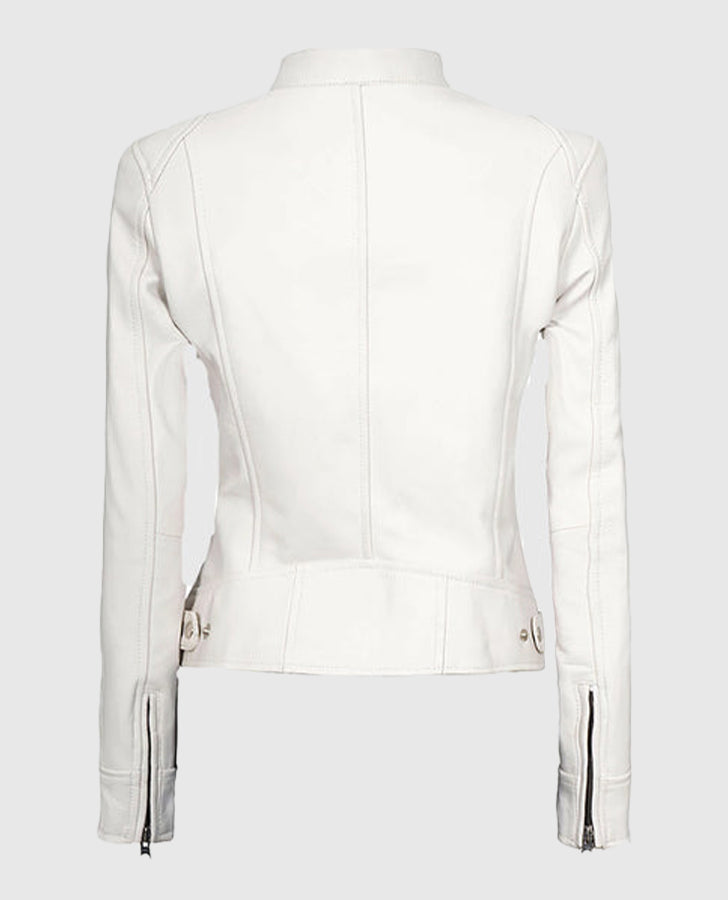 Women's White Leather Cafe Racer Jacket – Premium Outerwear - back view
