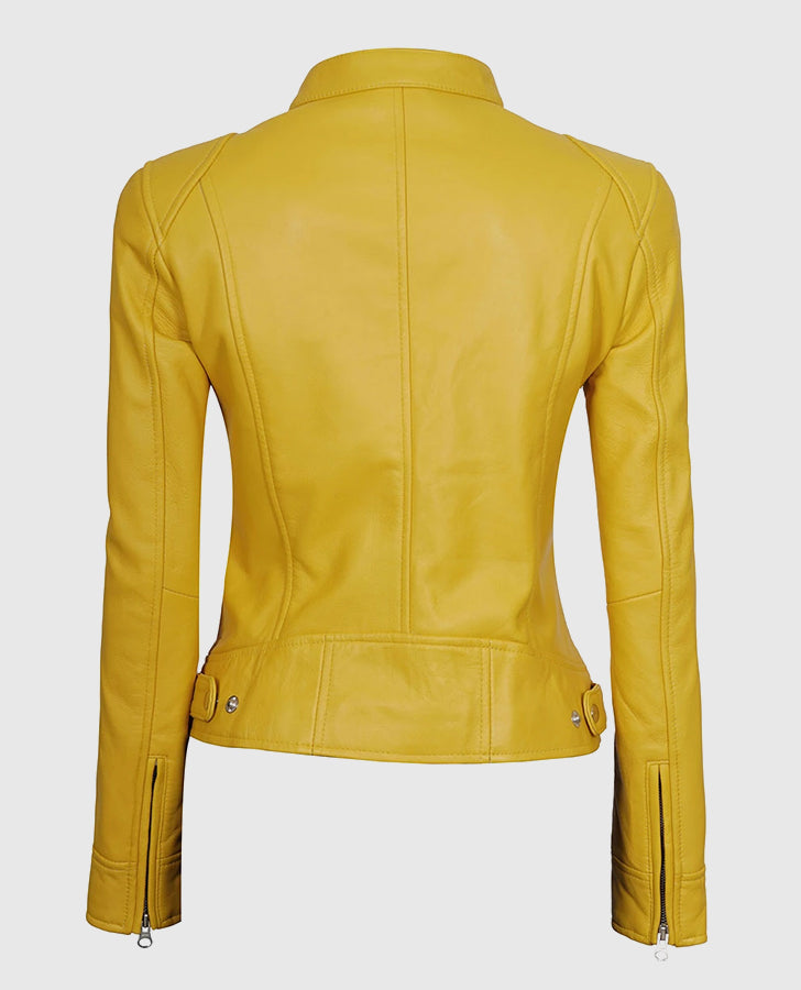 Women's Yellow Cafe Racer Leather Jacket – Premium Outerwear - back view