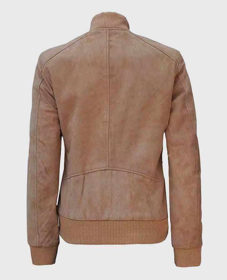 Women's Camel Tan Suede Bomber Jacket – Custom Fit - back view