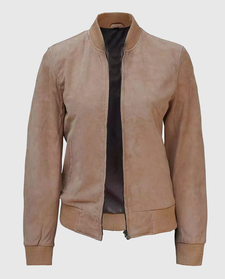 Women's Camel Tan Suede Bomber Jacket – Custom Fit - front view