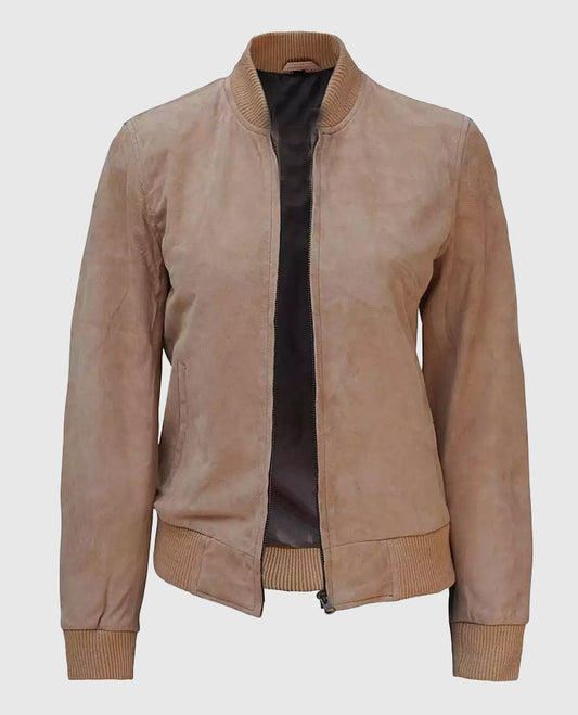 Women's Camel Tan Suede Bomber Jacket – Custom Fit - front view