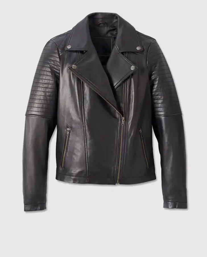Women's Classic Biker Debossed Black Leather Jacket - front view