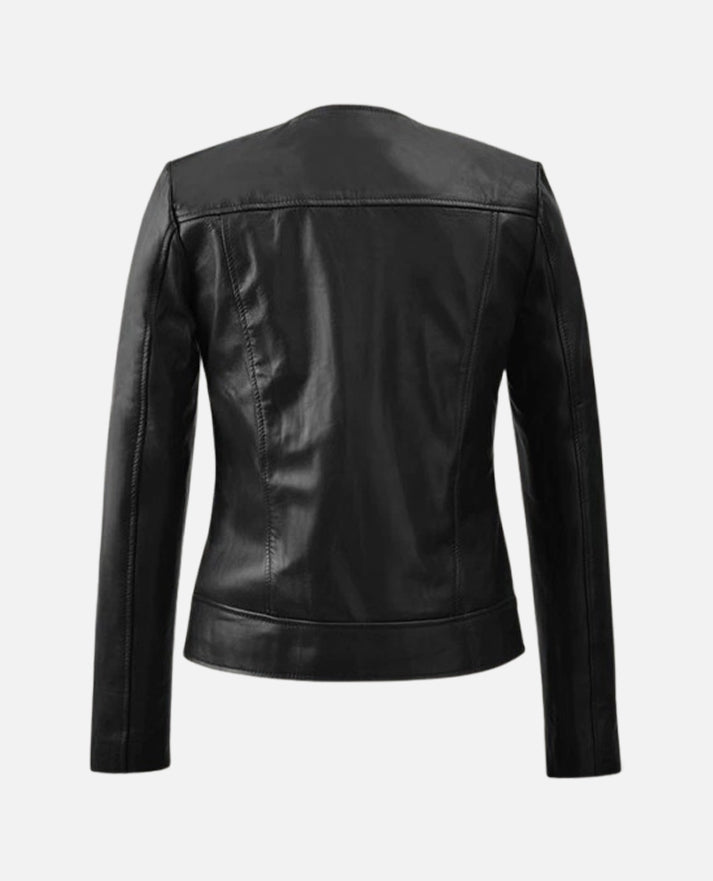 Women's Black Collarless Biker Leather Jacket – Custom Fit - back view