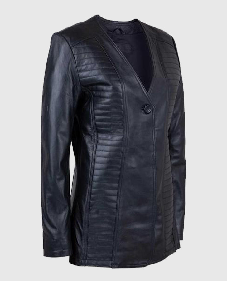 Women's Black Collarless Long Leather Jacket – Premium Outerwear - back view