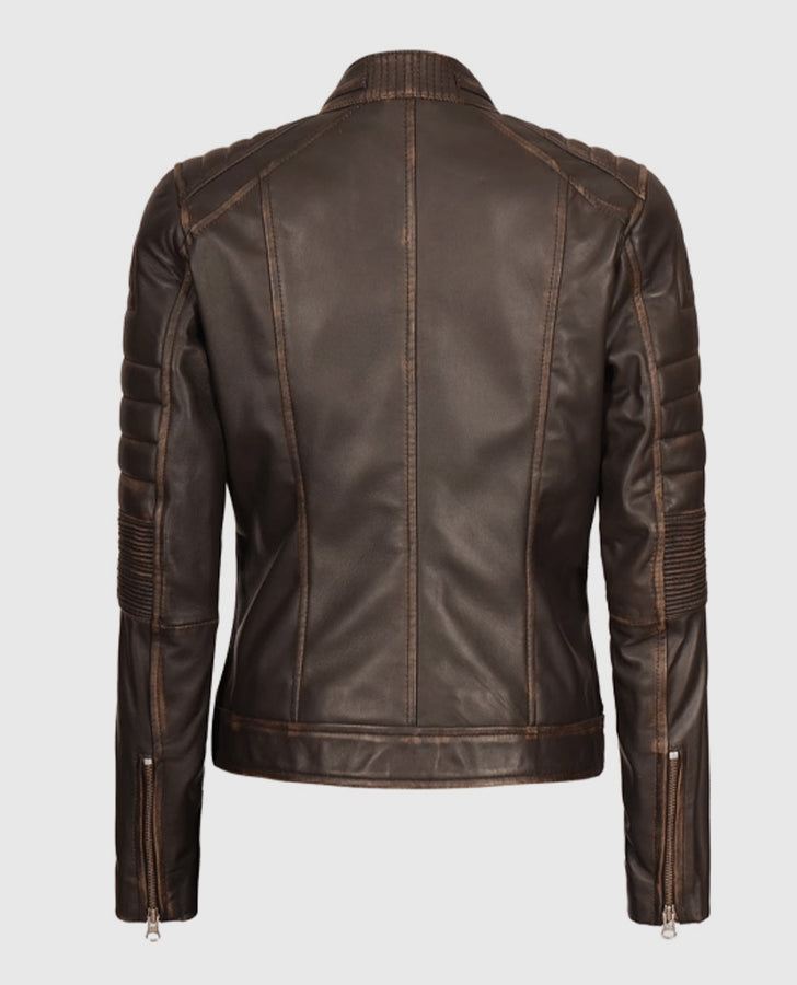 Women's Austin Dark Brown Cafe Racer Biker Leather Jacket - back view